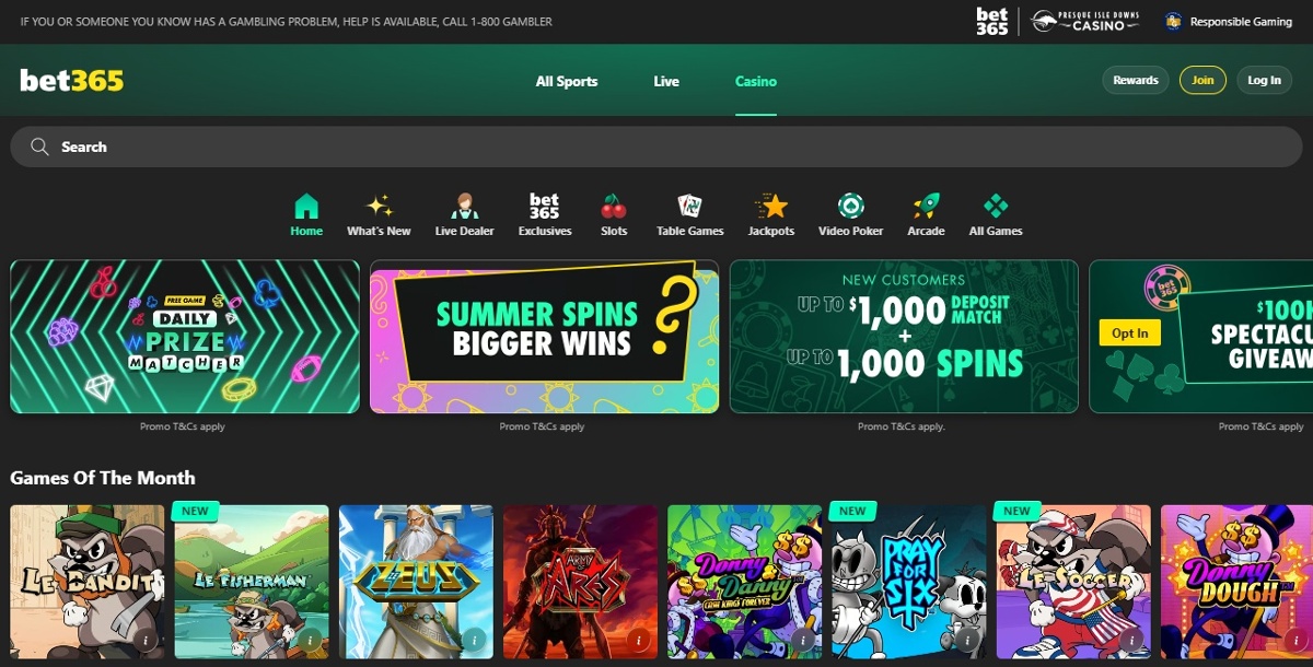bet365 Pennsylvania homepage showing game categories, promo banners, and Games Of The Month